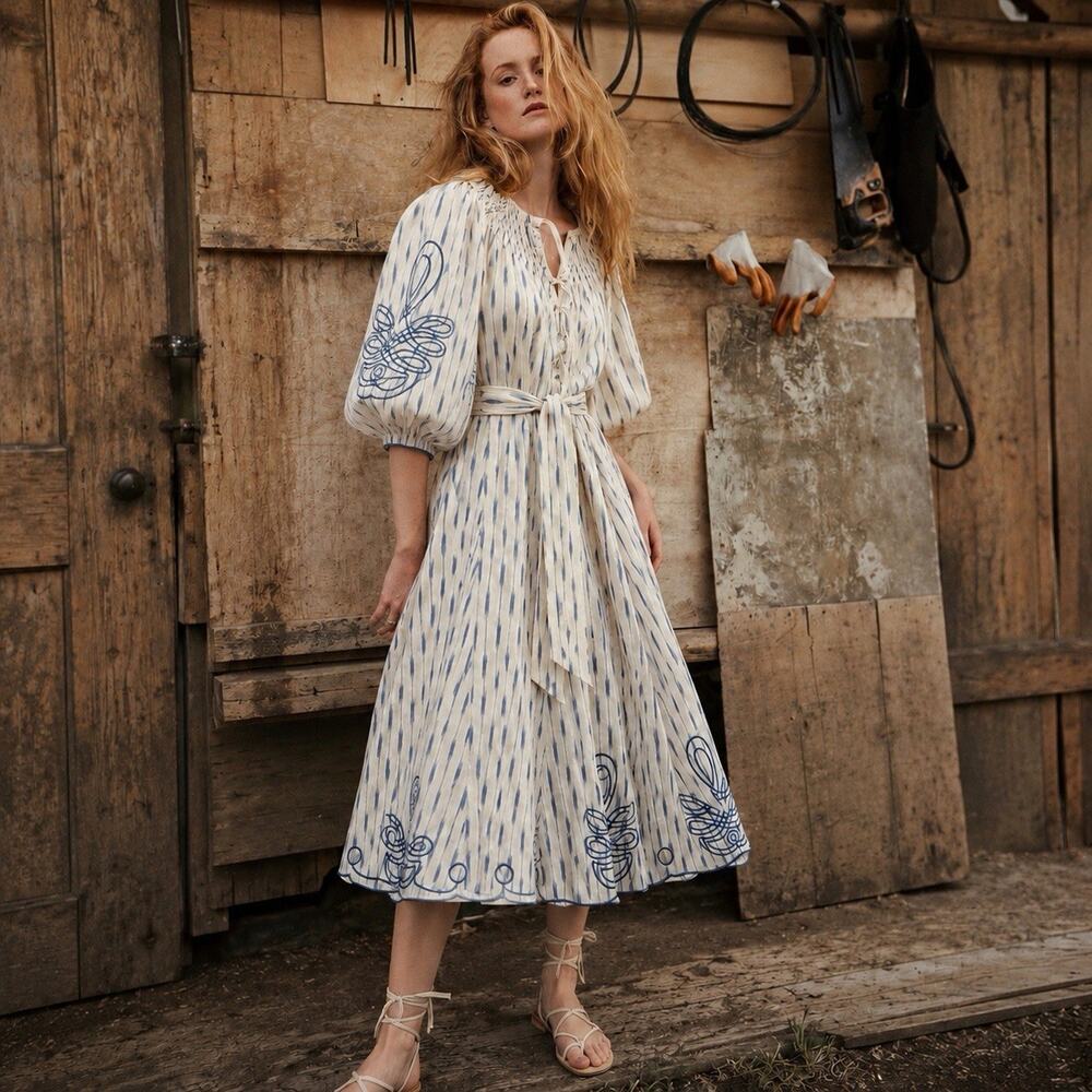 Innika Choo Oversized Scalloped Embroidered Cotton Smocked Midi Dress 0 US S/M